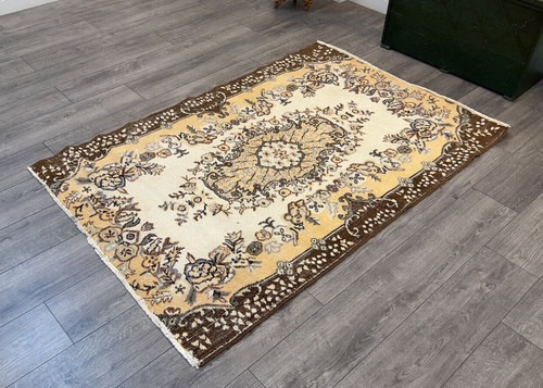 Oriental Rug, Beige Saloon Rug, Hallway Rug, Antique Rug, 3.8 x 5 ft