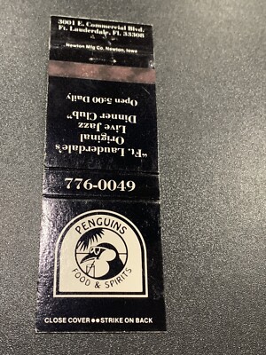 Vintage Florida Matchbook:  Penguins Food & Spirits - Live Jazz  Ft Lauderdale