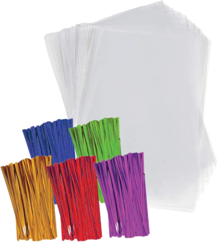 Clear Plastic Cellophane Bags with 4" Colored Twist Ties for Gifts Party Favors  - Picture 1 of 5