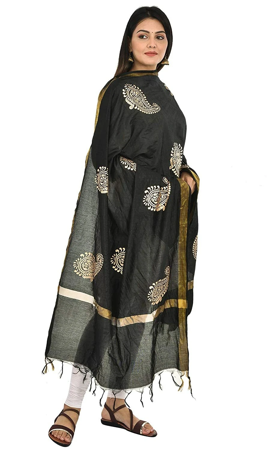 Women Silk Blend Beautiful Paisley Dupatta Ethnic Dress Chunni Shawl Black