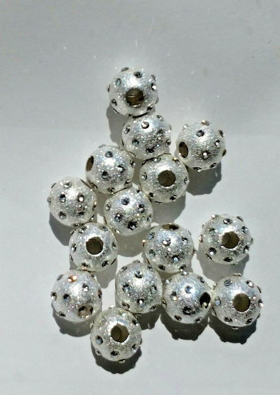 20 Unique Textured Sterling Silver Beads Set w Clear Brigh Stones 8 MM 3 MM HOLE