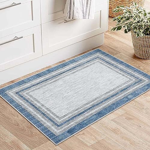 Border Blue Kitchen Rugs, 2x3 Throw Rugs wiht Rubber Backing Washable, Modern... eBay
