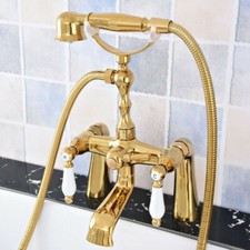 Golden Brass Deck Mounted Bathtub Faucet Tub Mixer Tap Handheld Shower Ztf781