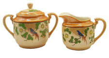 Vtg Lusterware Peach With Birds Sugar Bowl W/ Lid  Creamer Japan Handpainted