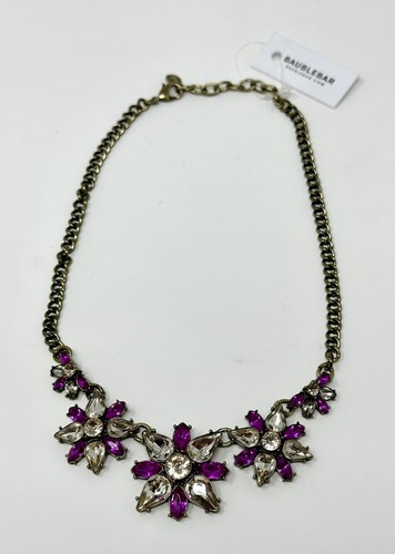 Baublebar Flower Statement Necklace 16” Clear Purple Crystal Glass Mega Bronzed