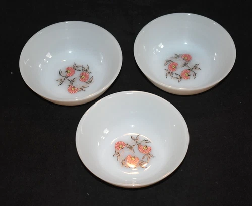 Vtg Fire-King Oven Ware Fleurette Pink Flower Berry Bowls 4.5", Vintage Set Of 3