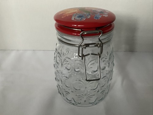 Pioneer Woman Glass Jar Floral Clamp with Red Floral ceramic lid - Picture 3 of 6