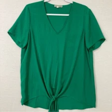 Pleione Kelly Green V Neck Lightweight Tie Front Short Sleeve Top Large