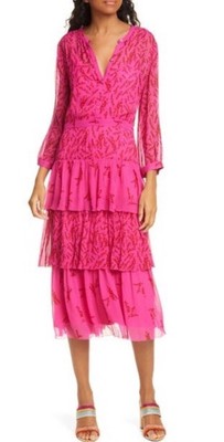 Bash BA&SH Dress Midi Fuchsia Pink Tiered Size Medium US Size 8