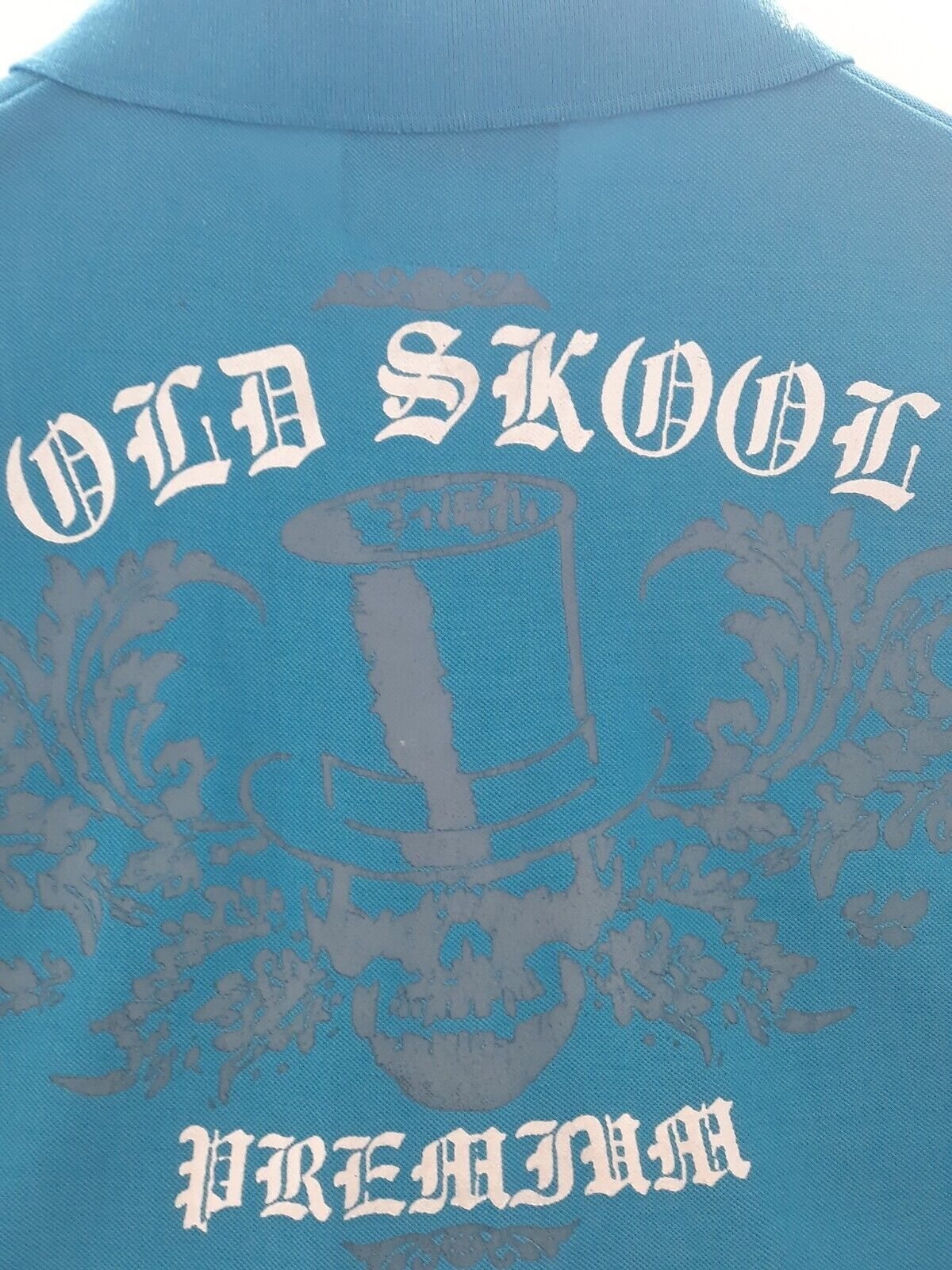 Polo Shirt Skull Graphic Mens Medium/Large Old Skool Image Front Back Blue-image