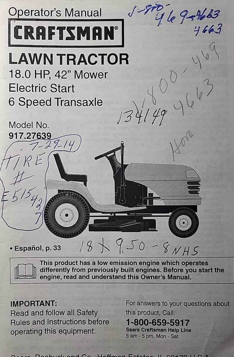 Craftsman lt1000 18 hp owner's manual deals