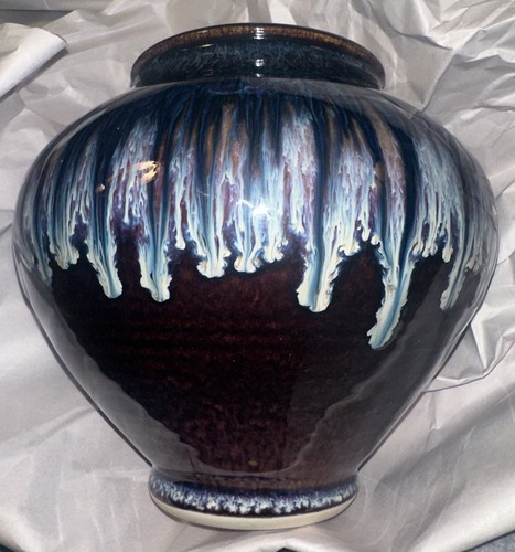 Bill Campbell Art Pottery Vase Drip Glaze Blue Red/Brown White Round Signed 7"