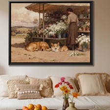Floral Still Life Dog Art Golden Retriever Corgi Canvas Print Living Room Decor