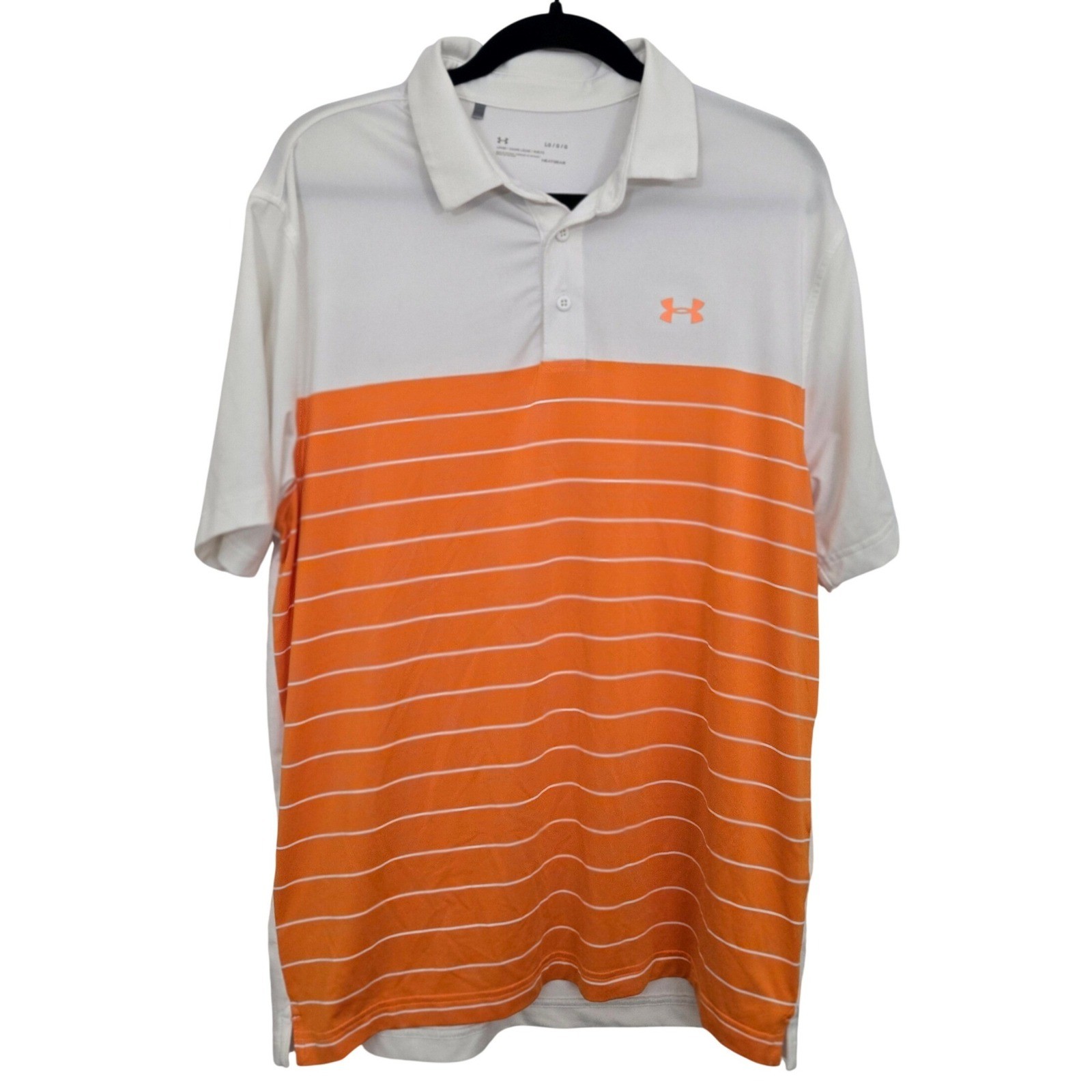 UUnder Armour Golf Polo Shirt Men L White Orange Striped Playoff 2.0 HeatGear