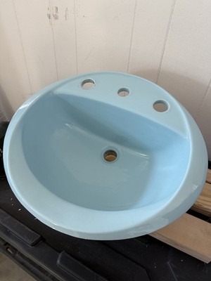 Antique Mid-Century 1970 s Crane (USA) Powder Blue Drop In Oval Sink