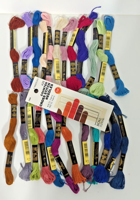 Lot Of 24 Skeins DMC 25 Cotton Mouline Special + 4 #26 Needles. Multi Colors NEW