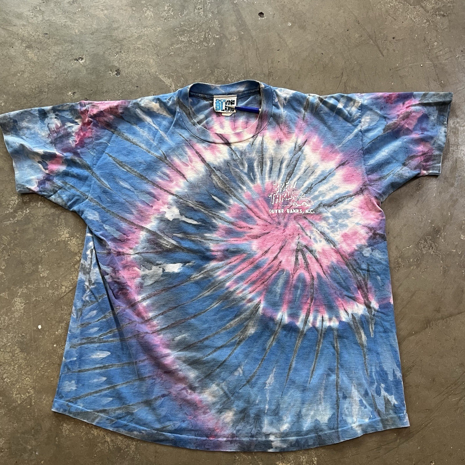 Vintage 90S Tie-Dye T-Shirt Xl Outer Banks Nc Brew Thru Single Stitch Vtg