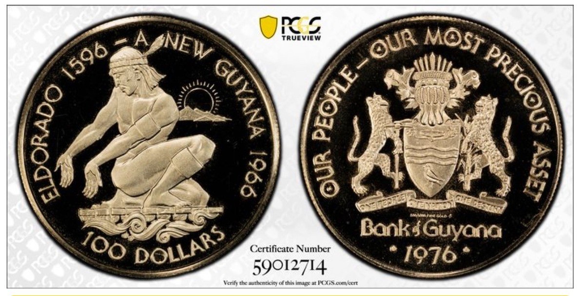 1976-FM GUYANA INDEPENDENCE GOLD PROOF CAMEO COIN $100 PCGS PF67