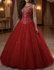 MARYS BRIDAL Red Beaded Sequin Tulle Ballgown...