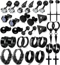Men Earrings Set -Stainless Steel Cross Dangle Hoop & Ear Stud 1, Black