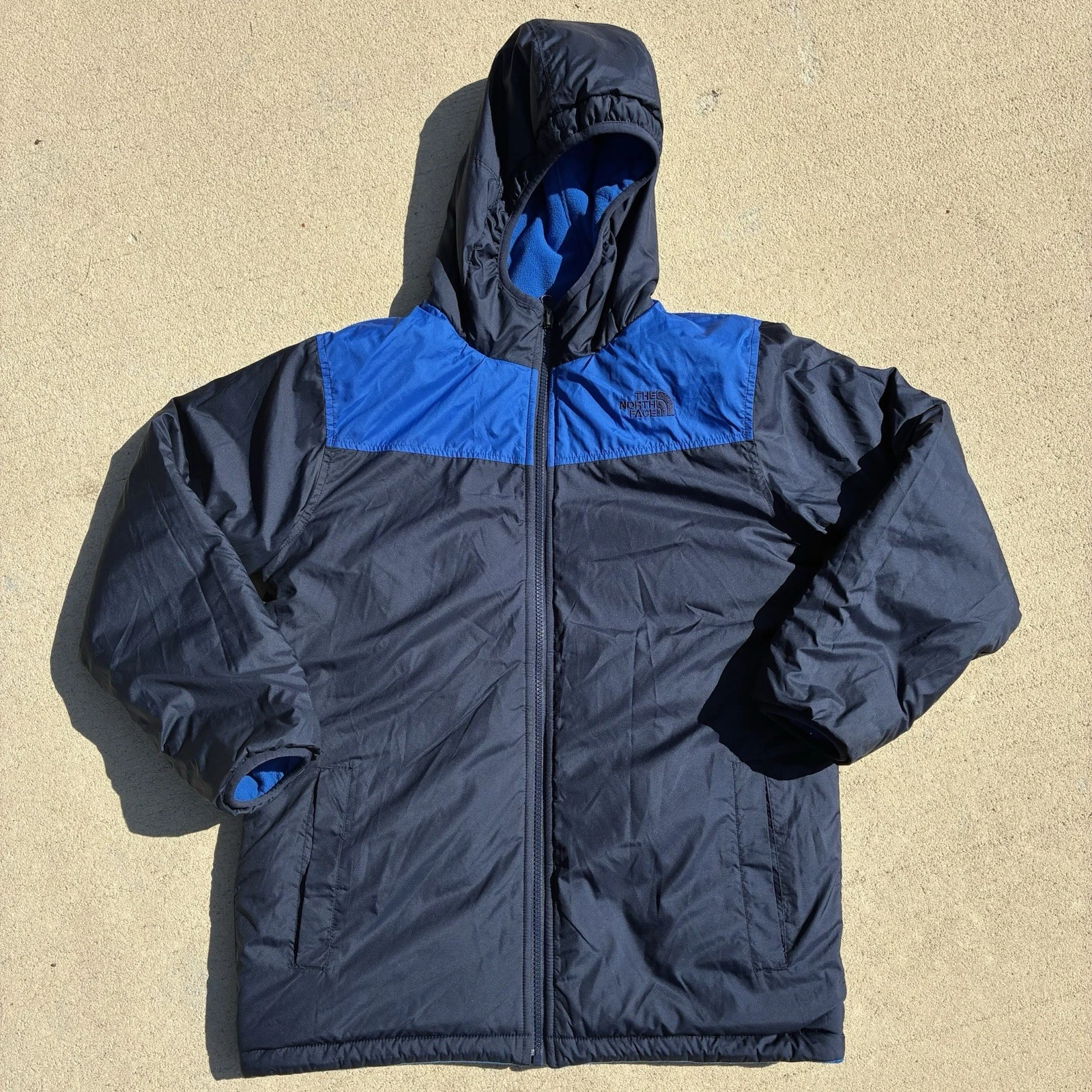 The North Face Boys Reversible Hooded Puffer Jacket Navy Blue 14/16 Winter Warm