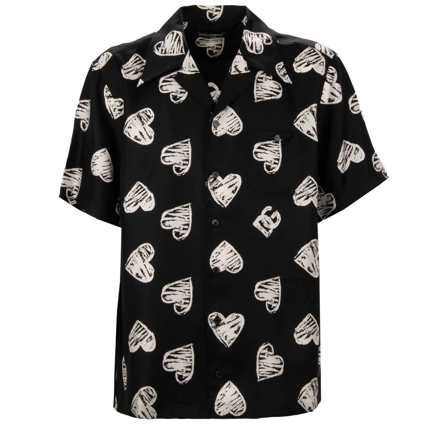 DOLCE & GABBANA DG Logo Heart Short Sleeve Silk Shirt Black White