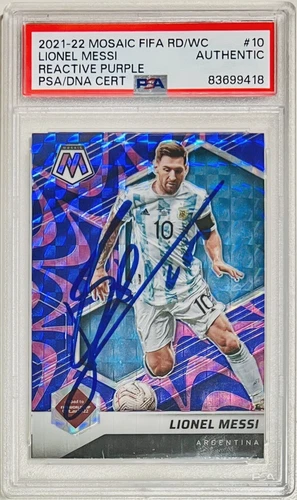2021-22 Panini Mosaic Reactive Purple FIFA Signed Lionel Messi Argentina #10 PSA