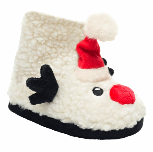 Baby Reindeer Christmas Bootie Slippers White/Red/Black Fleece Pom Pom UK 5