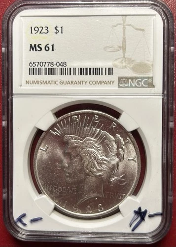 1923 Peace Dollar. NGC MS-61. Free Shipping