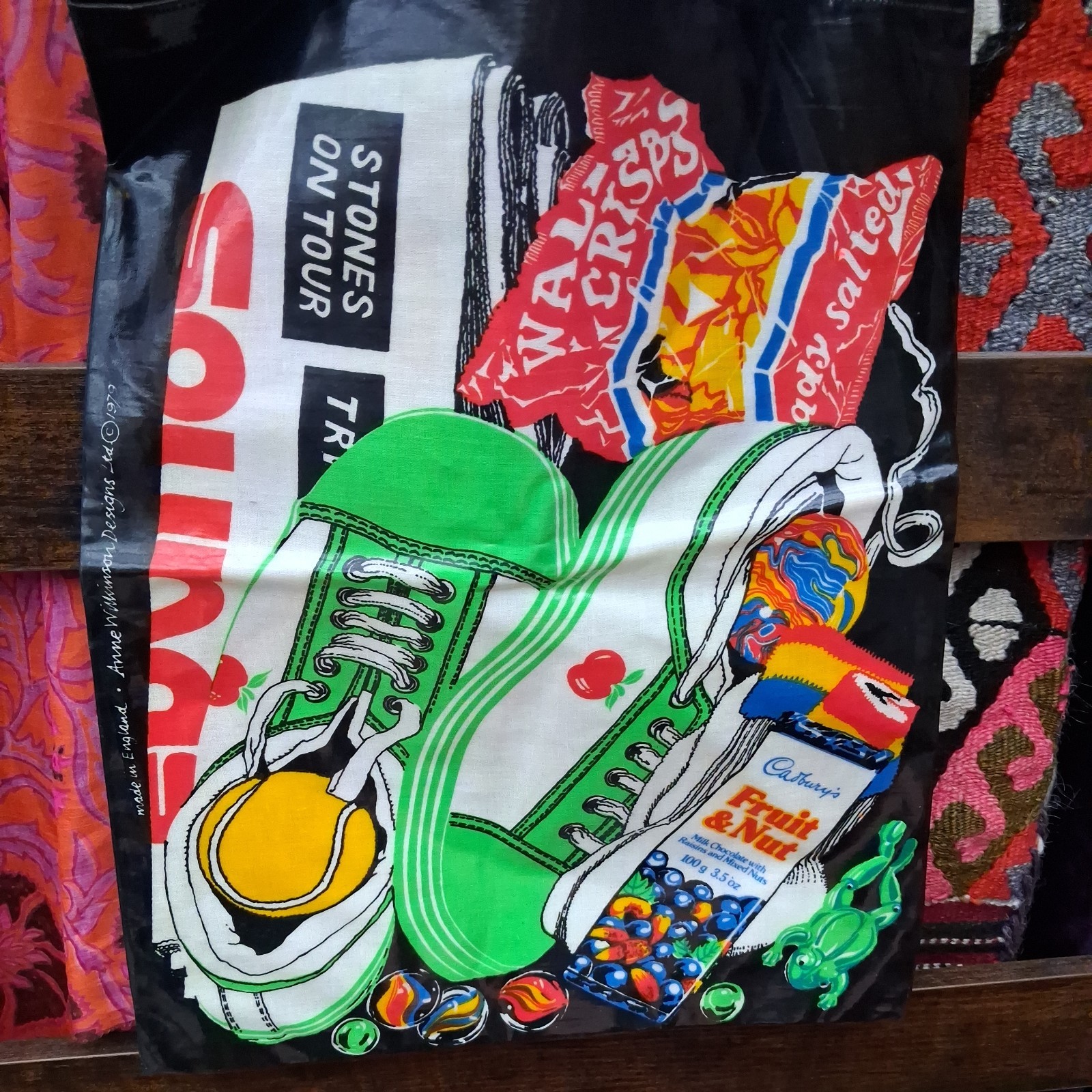 Rara borsa vintage Anne Wilkinson Designs panno olio retrò snack giocattoli tennis musica