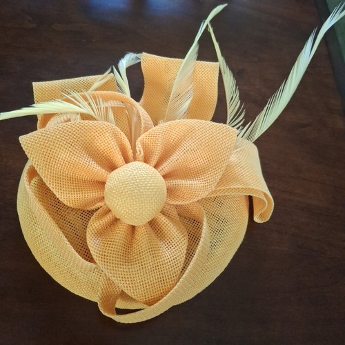 Yellow fascinator hat sinamay fabric  feather accents Race Day Wedding Steampunk