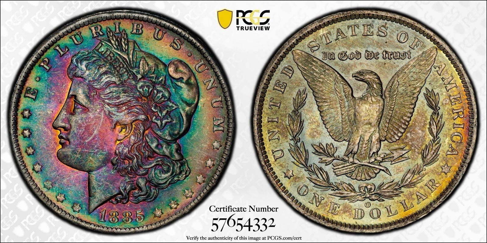 Rainbow Toned 1885-O Morgan Dollar PCGS MS64+