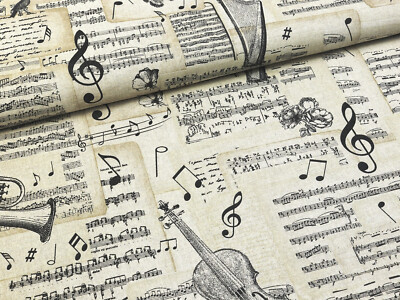 CANVAS Stoff Baumwolle Dekostoff Noten Musik Blumen NATUR EUR 13
