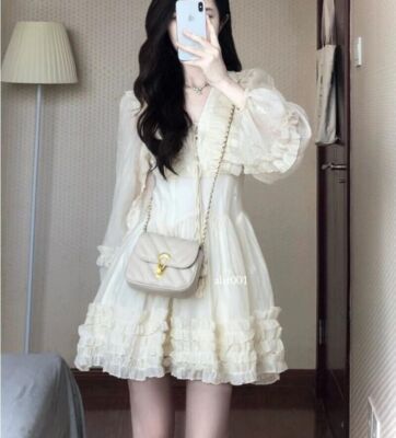 Korean Women Ruffle Long Sleeve V-Neck High Waist Princess Chiffon Dress  Tempera | eBay