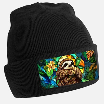 Black Beanie Hat with Cool Sloth Motif - Unisex Cap, Cotton