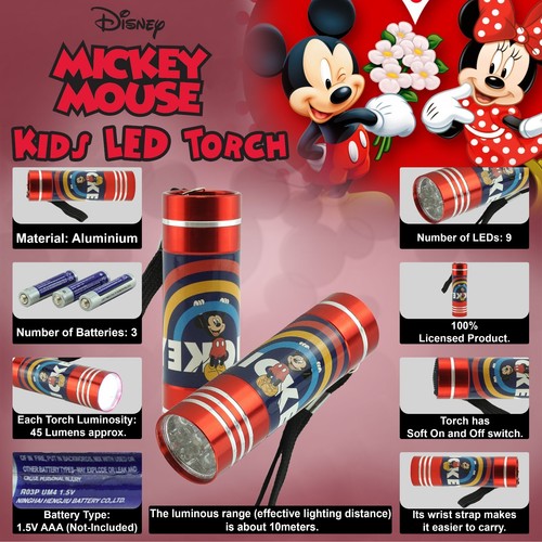 Kids Licensed Disney Cartoons Aluminium 9 LED Torch Light Boys Xmas Gift 8.7cm - Picture 53 of 302