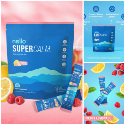 2 Pack NELLO SUPER CALM Calming Drink Mix Raspberry Lemonade 30 Servings 4.5oz