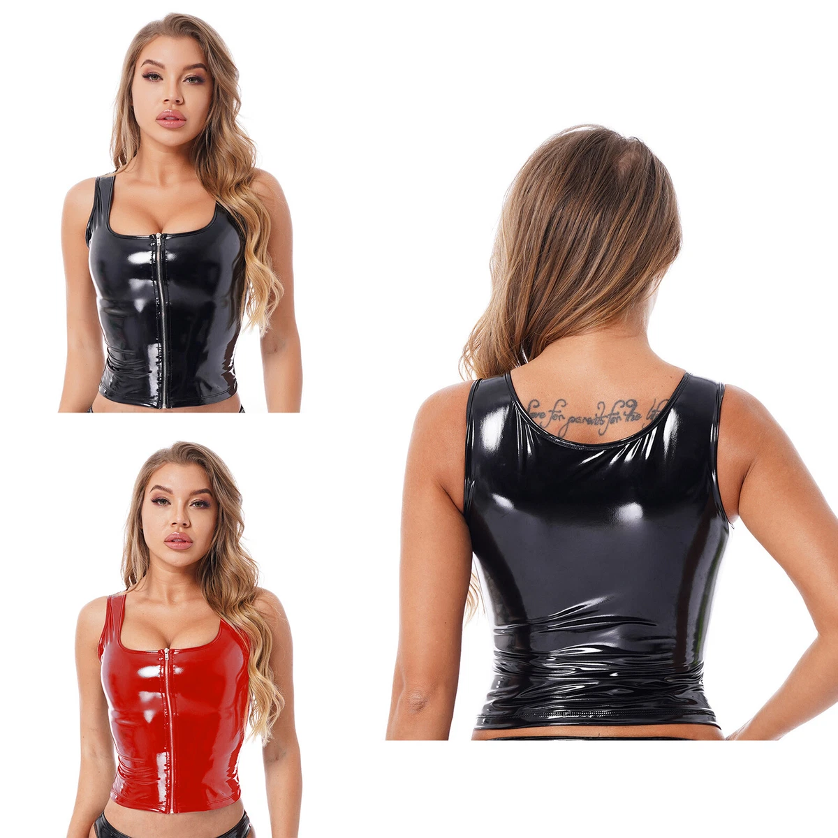 Womens Fashion Zipper PVC Leather Tank Top Wet Look Punk Gothic Sleeveless  Vest