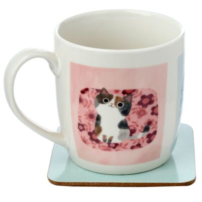 PLANET CAT PORELAIN KAFFEETASSE UND UNTERSETZER SET TASSE NEU IN GESCHENKBOX
