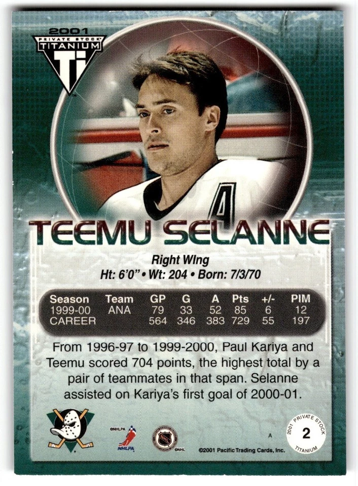 2000-01 Pacific Private Stock Titanium Teemu Selanne #2 Anaheim Mighty Ducks - Image 2 of 2