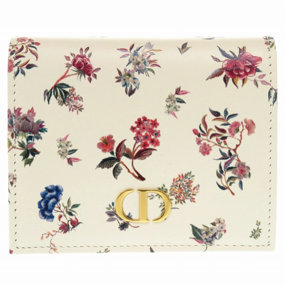 AUTHENTIQUE portefeuille Christian Dior CARO imprimé floral double pli cuir crème 1111
