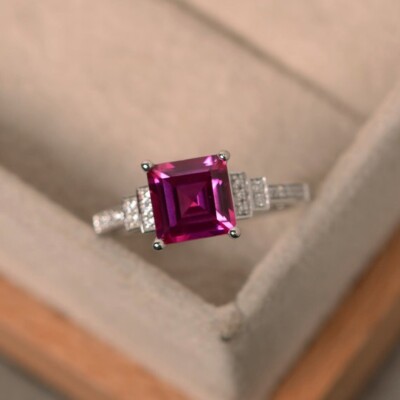 1.95 Ct Princess Cut Natural Ruby & Diamond Engagement Ring 14K White Gold Sz 6