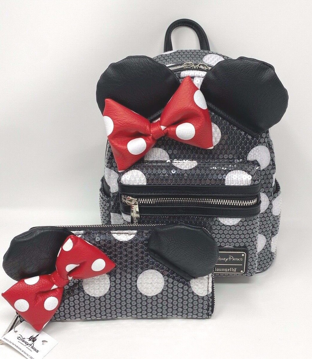 Disney Park Loungefly Minnie Mouse Sequin Polka Dot 3D Ear Bow Backpack  Wallet A