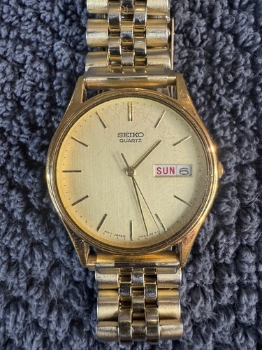 Vtg Seiko Watch Men 33mm Gold Tone Day Date Stretch Band 7N43-8A89 New Battery - Picture 1 of 6