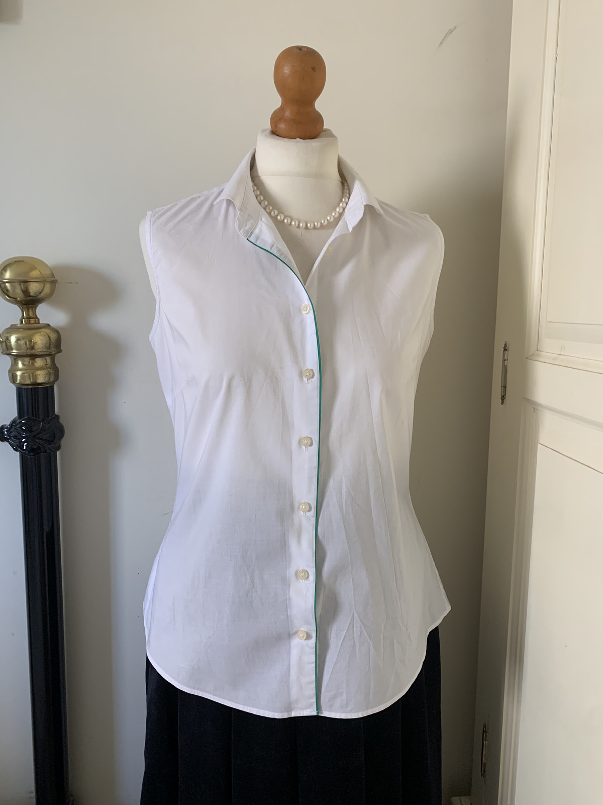 FILA Camicia Savile Row bianca verde 100% cotone aderente camicetta senza maniche UK10