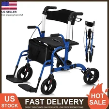 2 in 1 Rollator Walker & Transport Chair for Seniors Folding Walker Wheelchair