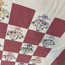 Antique Embroidered Quilt Flower Basket Pink Patchwork 184 180cm Vintage