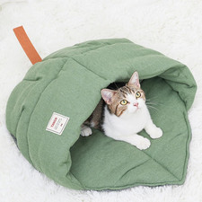 Cat Sleeping Bag,Linen Fabric Cat Bed Cave Leaf Nest Pet Cuddle Zone Covered Hid