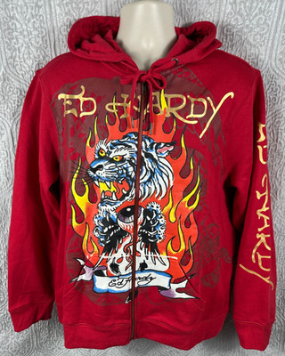 Ed Hardy Men's Size M Red Long Sleeve Full-Zip Fire Tiger Graphic Sweatshirt NWT