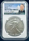 2025 W BURNISHED $1 SILVER EAGLE NGC MS70 FDOI RONALD REAGAN SIGNED